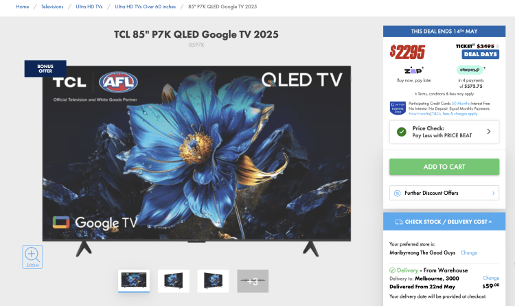 The Good Guys: TCL 85″ P7K QLED Google TV 2025 (85P7K) – $2285 with Price Beat